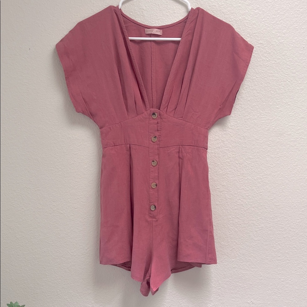 Who I Am Mauve Pink Button-Up Shorts Romper, Size 8, Cotton One Piece Deep V